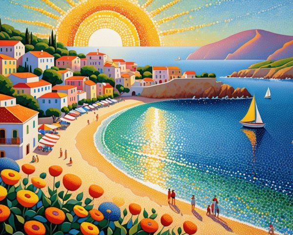Vibrant Seaside Village at Sunset with Colorful Houses