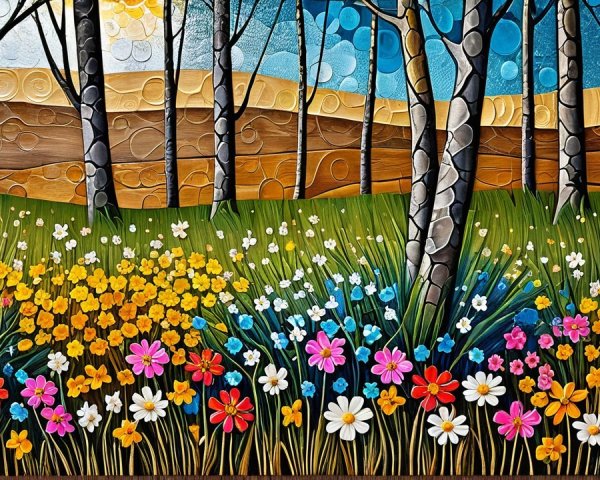 Vibrant Landscape with Colorful Flower Field and Trees