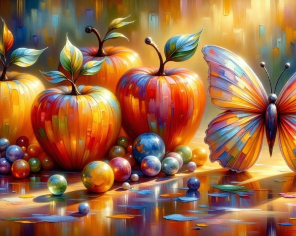 Vibrant Scene of Glossy Apples and Colorful Butterfly