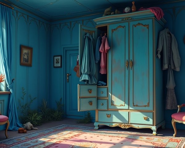 Charming Blue Room with Turquoise Wardrobe and Plants