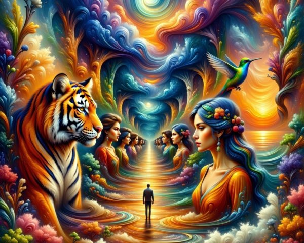 Surreal Landscape with Tiger, Hummingbird, and Figures