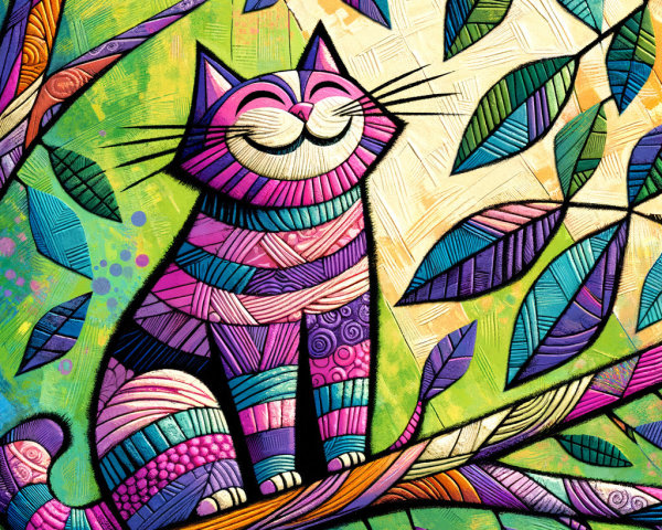 Whimsical Multicolored Cat Illustration on a Branch