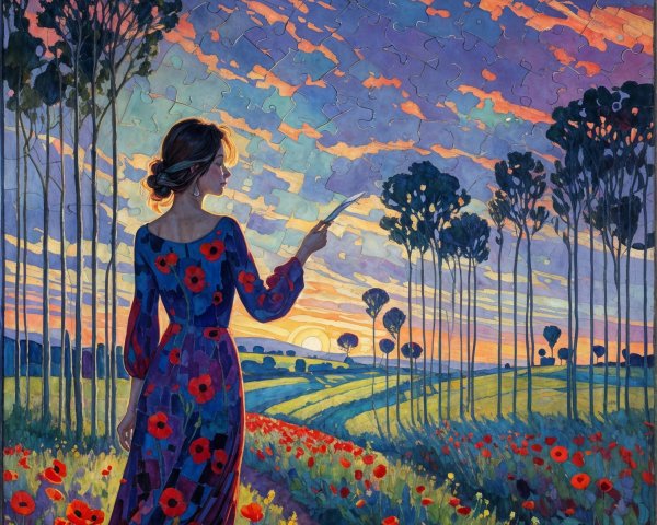 Woman in Floral Dress in Poppy Field at Sunset