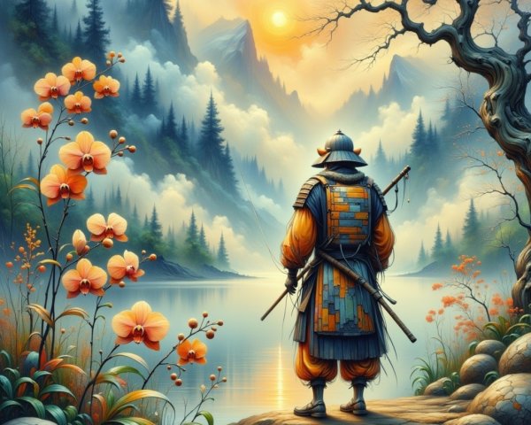 Serene Landscape with Samurai and Tranquil Lake