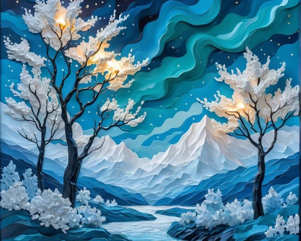 Serene winter landscape with frosty trees and auroras