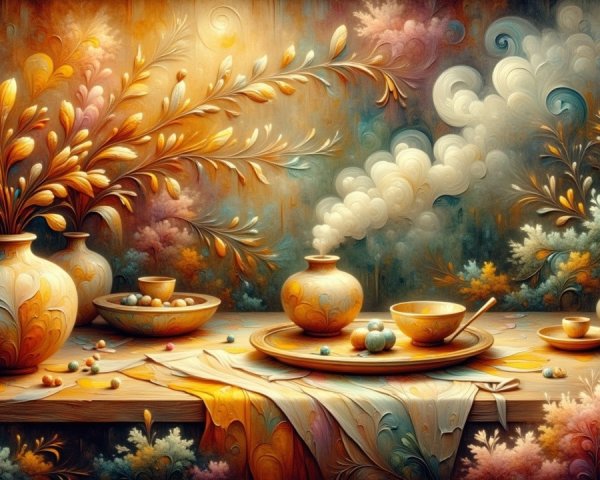 Artistic Still-Life with Vases, Bowls, and Foliage