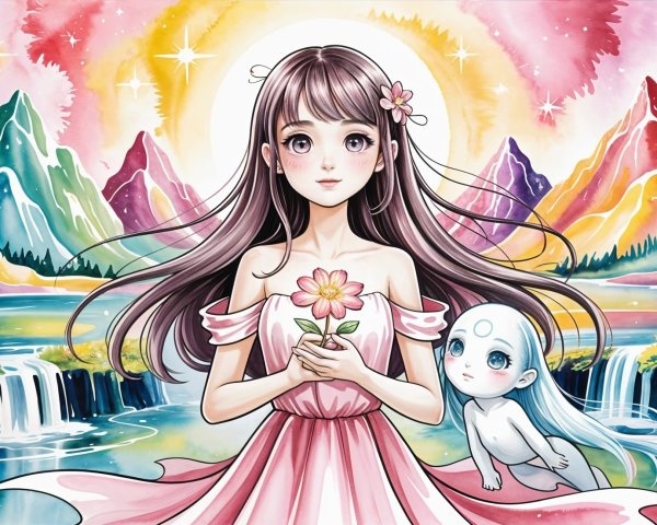 Young girl in pink dress in a vibrant dreamlike landscape