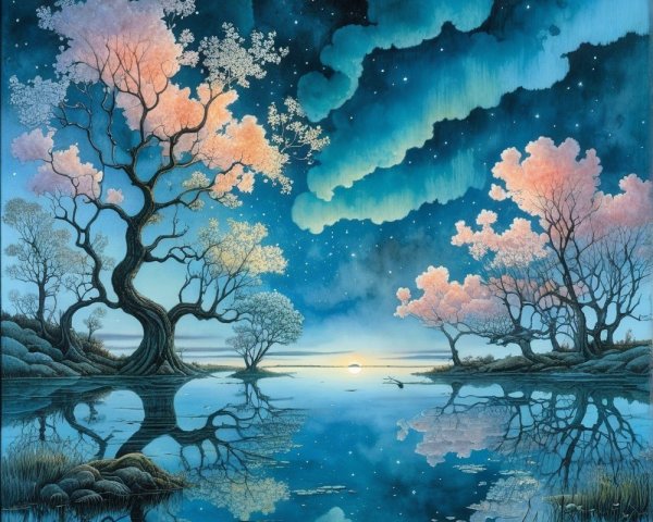 Serene Cherry Blossom Landscape with Northern Lights