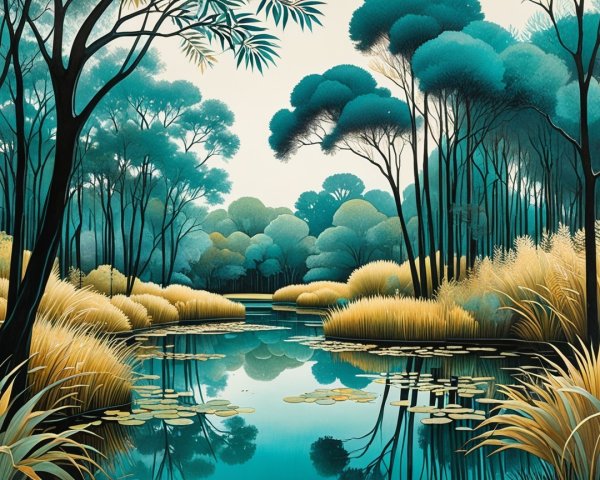 Tranquil Landscape with Teal Foliage and Reflective Pond