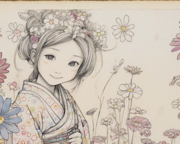 Young Girl in Kimono Surrounded by Flower Field