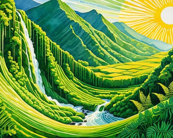 Vibrant Landscape with Waterfalls and Green Mountains