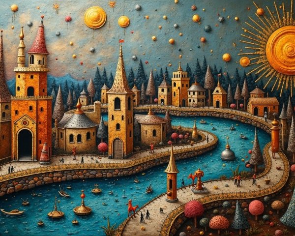 Whimsical Landscape with Colorful Castles and River