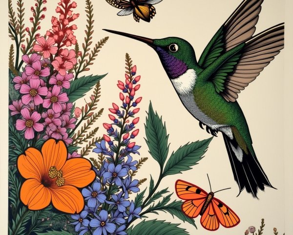 Vibrant Hummingbird and Butterflies in Nature Scene