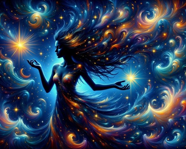 Silhouetted Woman Against Cosmic Background with Stars