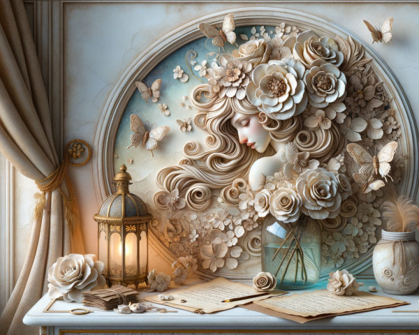 Serene Wall Relief with Floral Hair and Whimsical Decor
