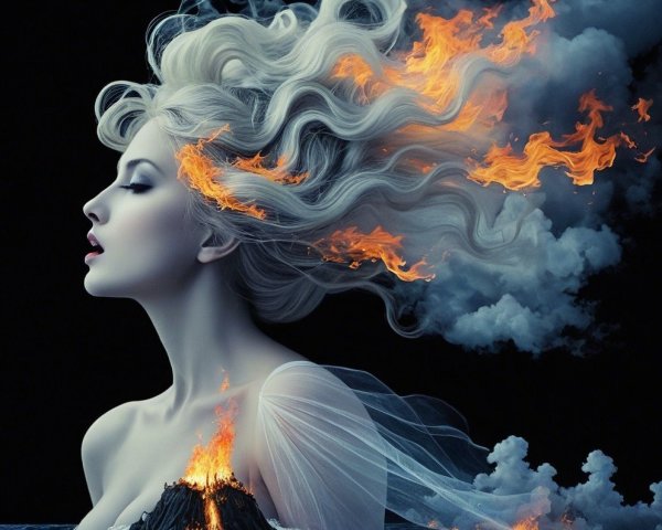 Surreal Portrait of Woman with Fiery Hair and Eruption