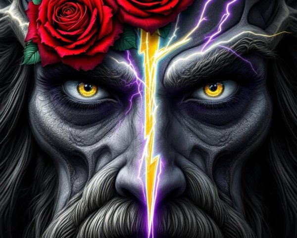 Ancient Figure with Glowing Eyes and Lightning Bolt