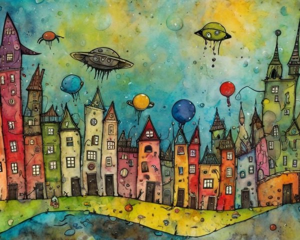 Whimsical Colorful Cityscape with UFOs and Balloons