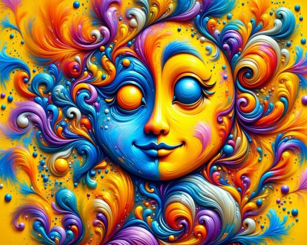 Vibrant Sun Face with Colorful Swirls and Orbs