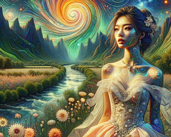 Surreal Landscape with Woman by Flowing River