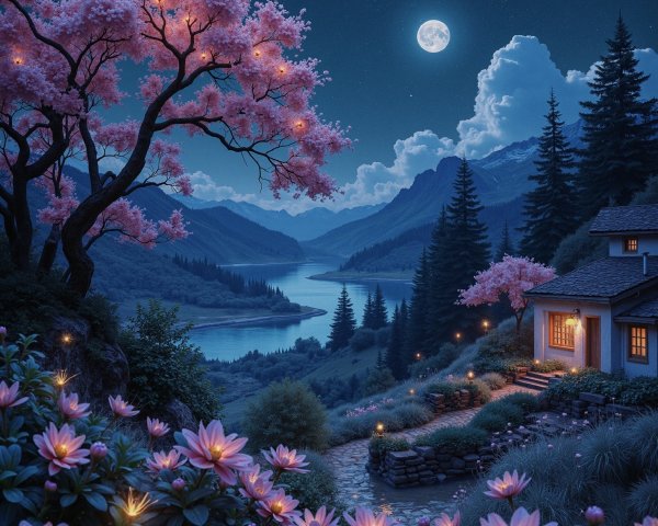 Tranquil Nighttime Landscape with River and Blossoms