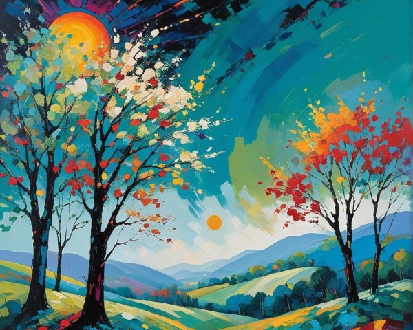 Vibrant landscape painting with colorful trees and hills
