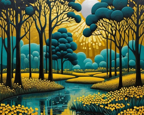 Vibrant Landscape with River and Yellow Flower Fields