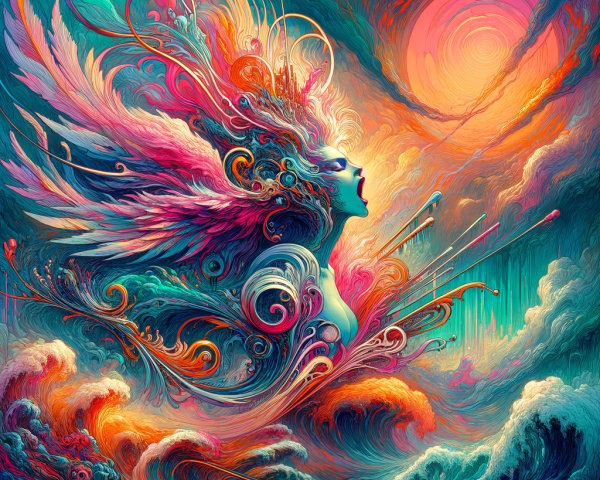 Ethereal Figure with Colorful Wings and Sunset Background