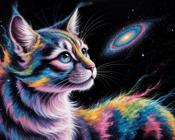 Cosmic Cat with Colorful Fur in Starry Galaxy Background