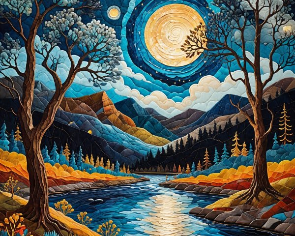 Vibrant Landscape with River and Starry Sky