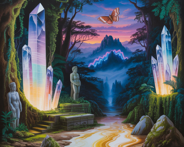 Mystical Twilight Forest with Crystal Formations and Statues