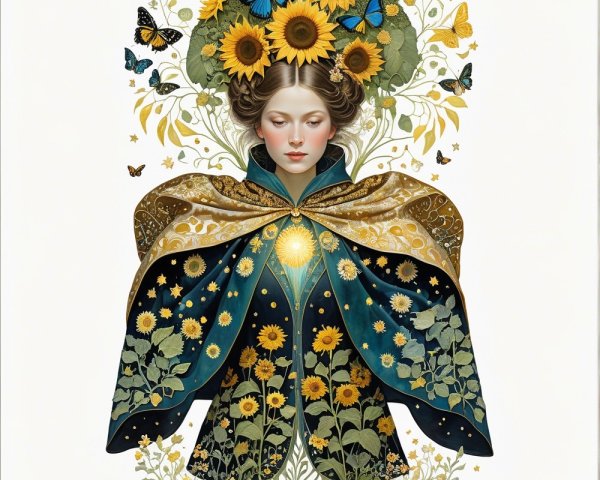 Serene figure with floral headdress and intricate cloak