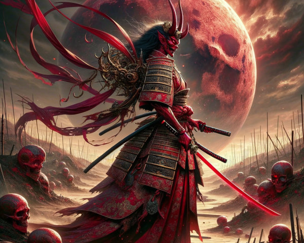 Fierce Warrior in Red Armor Against Blood-Red Moon