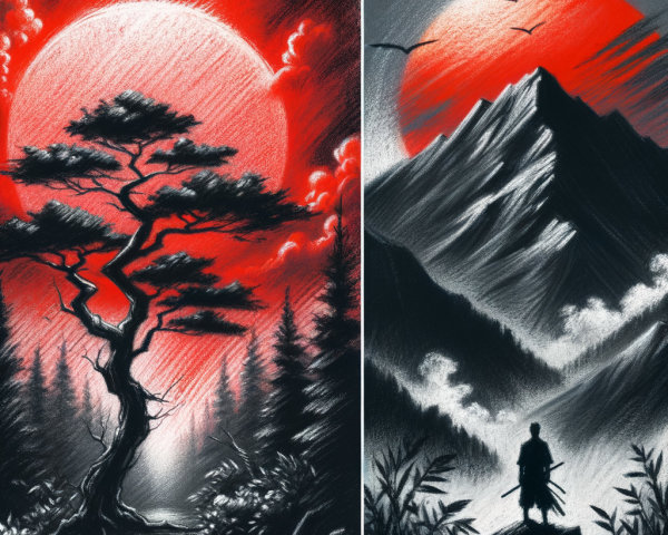 Split Scene of Forest and Mountain Landscape with Figure