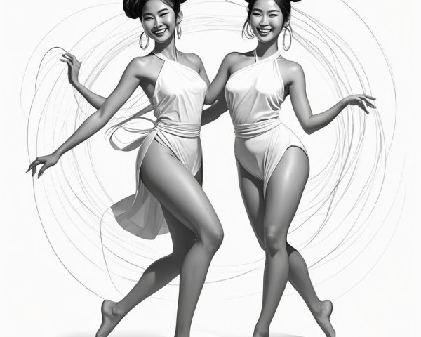 Stylish Women in Matching White Outfits with Dance Moves