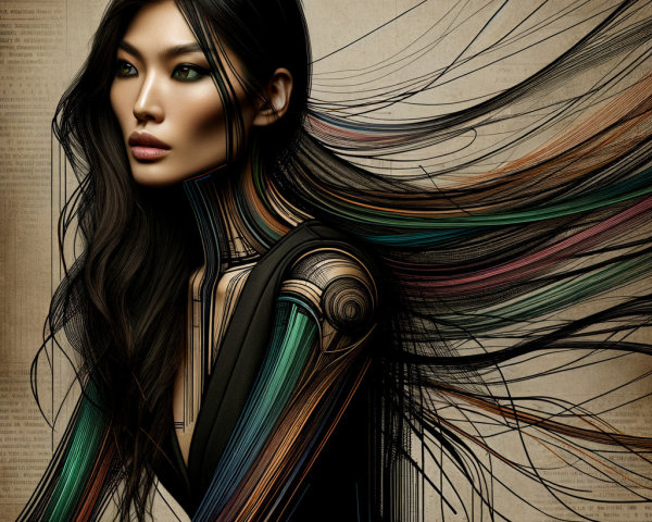 Futuristic Female Figure with Colorful Wire Outfit