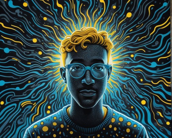Stylized portrait of a young man with vibrant patterns