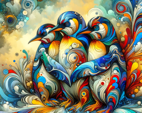 Abstract Art Featuring Two Penguins in Colorful Design