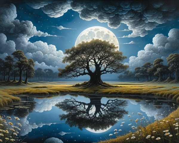 Nighttime Landscape with Tree and Tranquil Pond