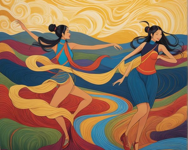 Dancing Figures Against Vibrant Colorful Background
