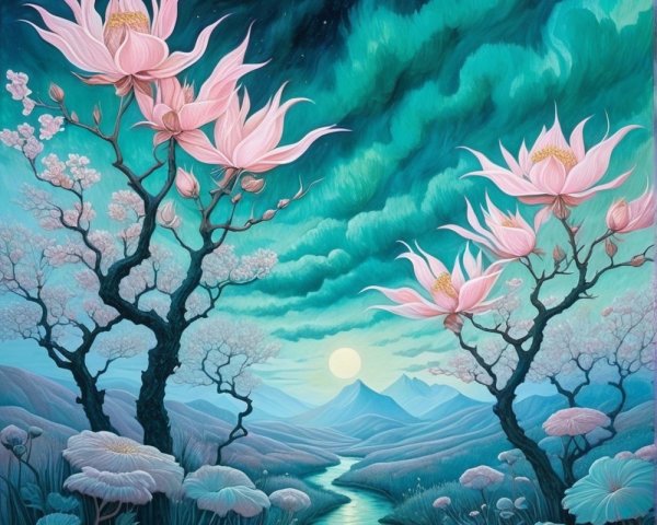 Serene Landscape with Lotus Flowers and Twilight Sky