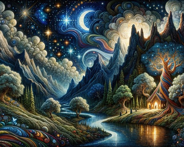 Fantastical Landscape with Starry Sky and Vibrant Elements