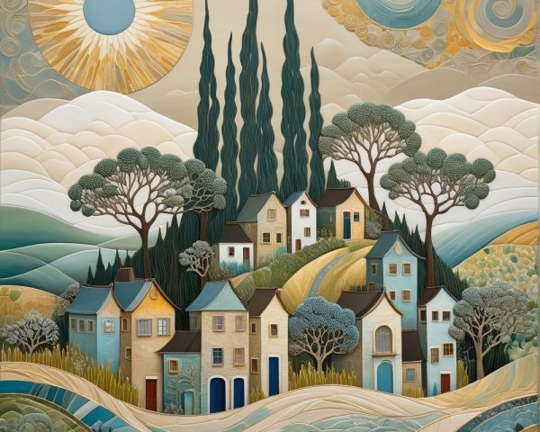 Whimsical Landscape with Stylized Houses and Hills