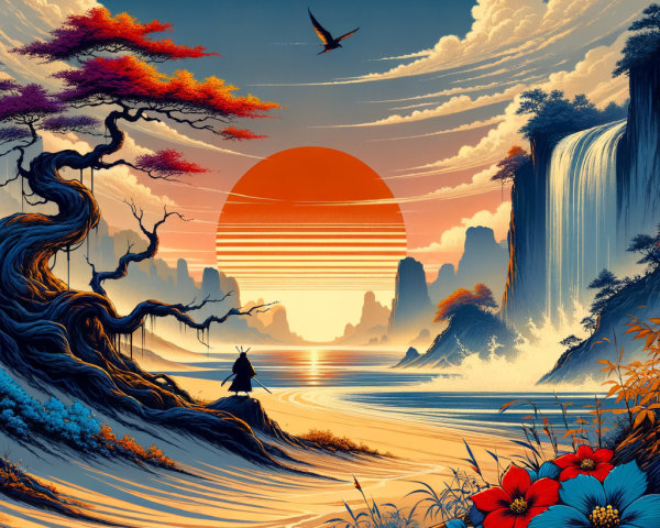 Serene landscape with vibrant sunset and waterfalls