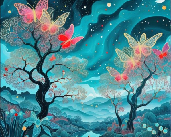 Whimsical Landscape with Ethereal Trees and Butterflies