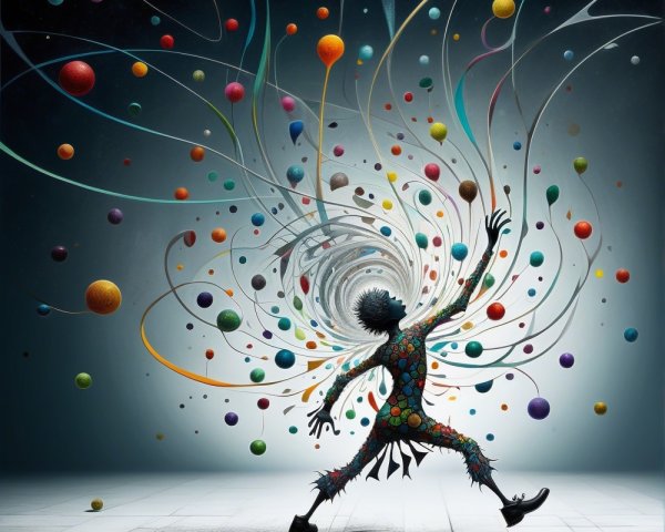 Whimsical Figure in Colorful Attire Amidst Spheres
