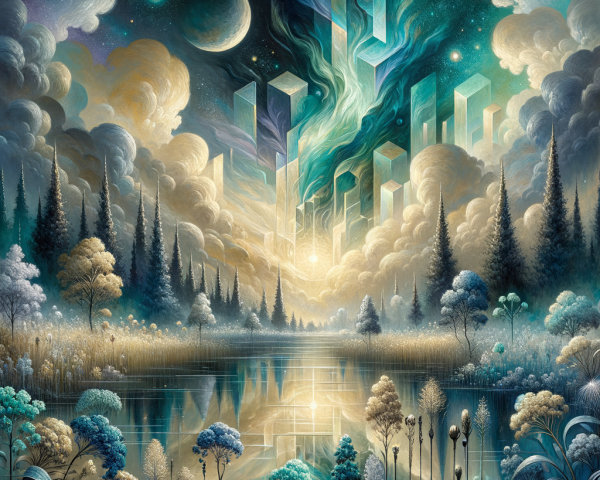 Surreal Landscape with Crystalline Structures and Lake