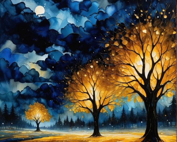 Vibrant Nightscape with Glowing Trees and Moonlight