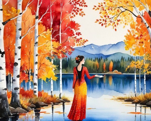 Serene Autumn Landscape with Woman by Tranquil Lake