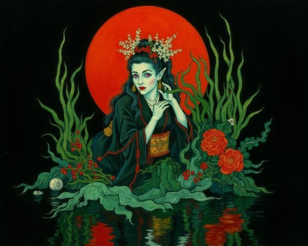 Mystical figure in dark kimono by tranquil waters
